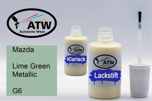 Mazda, Lime Green Metallic, G6: 20ml Lackstift + 20ml Klarlack - Set, von ATW Autoteile West.